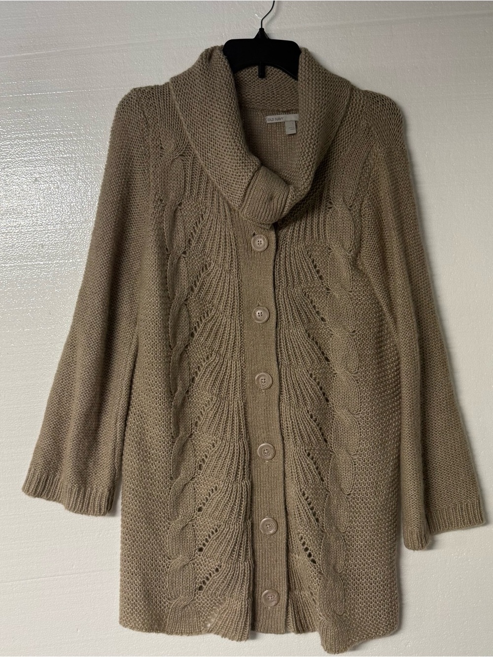 Vintage Old Navy Tan L Cable Knit Long Cardigan Sweater Shawl Collar Mohair Wool